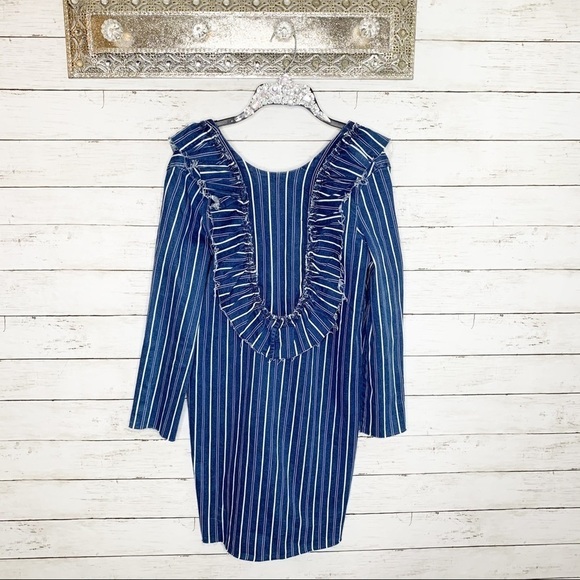 Zara Denim Striped Fringe Bib Long Sleeve Mini Dress Size XS - Picture 3 of 9